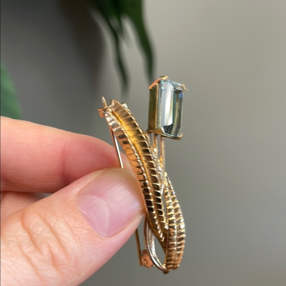 Vintage 1980s Costume Jewellery Gold Tone Pin Blue Gemstone Brooch Jewelry - Picture 3 of 9